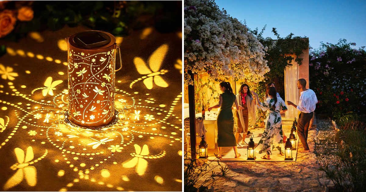 (L) Dragonfly solar lanterns from Eztzen store (Cover Image Source: Amazon) | (R) People in an outdoor garden party and glowing lanterns (Representative Cover Image Source: Getty Images | Thomas Barwick)