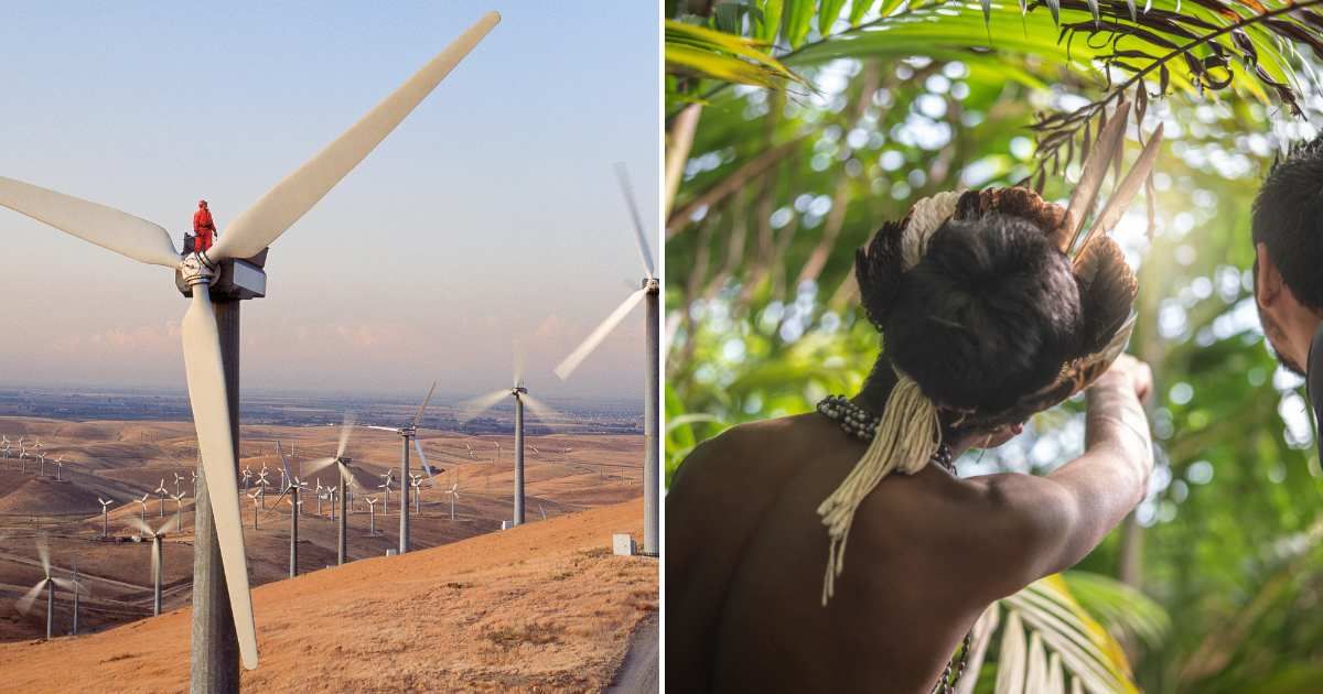 (L) A wind energy farm; (R) A person from an Amazonian tribe in the forest. (Representative Cover Image Source: Getty Images | (L) Billy Hustace; (R) FG Trade)