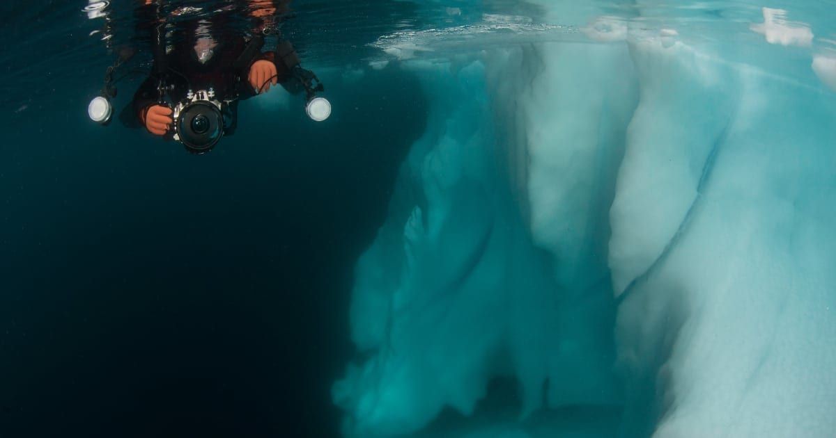 A diver with an underwater camera is recording the bottom of a floating sea ice. (Representative Cover Image Source: Getty Images | by Wildestanimal)