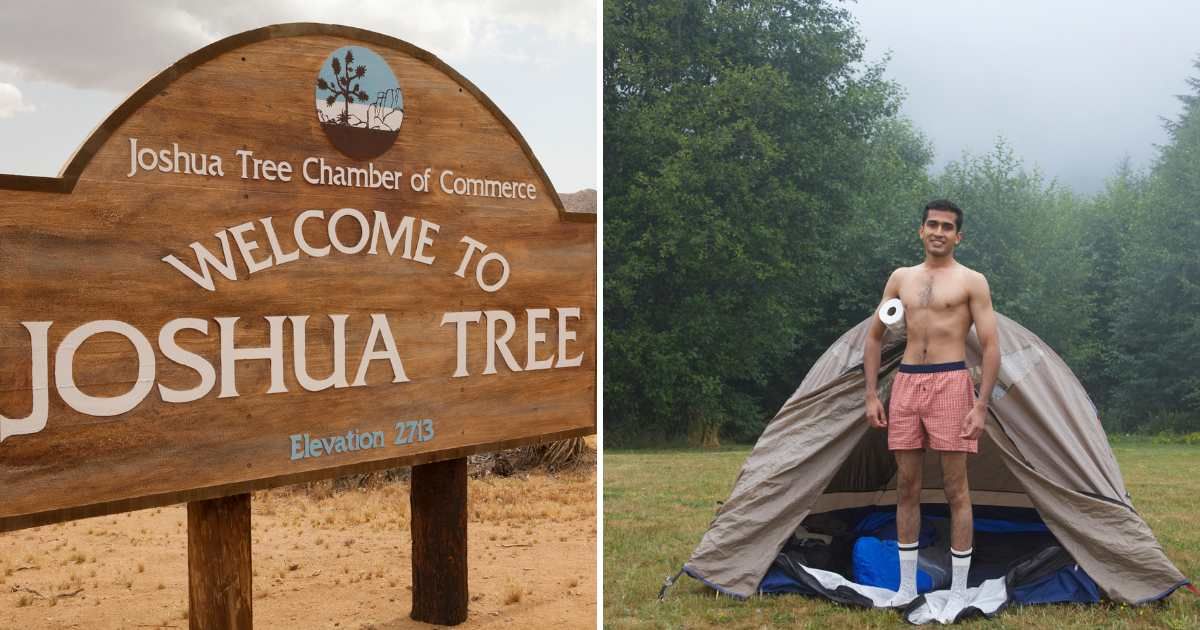 (L) Joshua Tree National Park sign, (R) A visitor with a camping tent and toilet paper (Representative Cover Image Source: (L) Albertc111, (R) Dave and Les Jacobs)