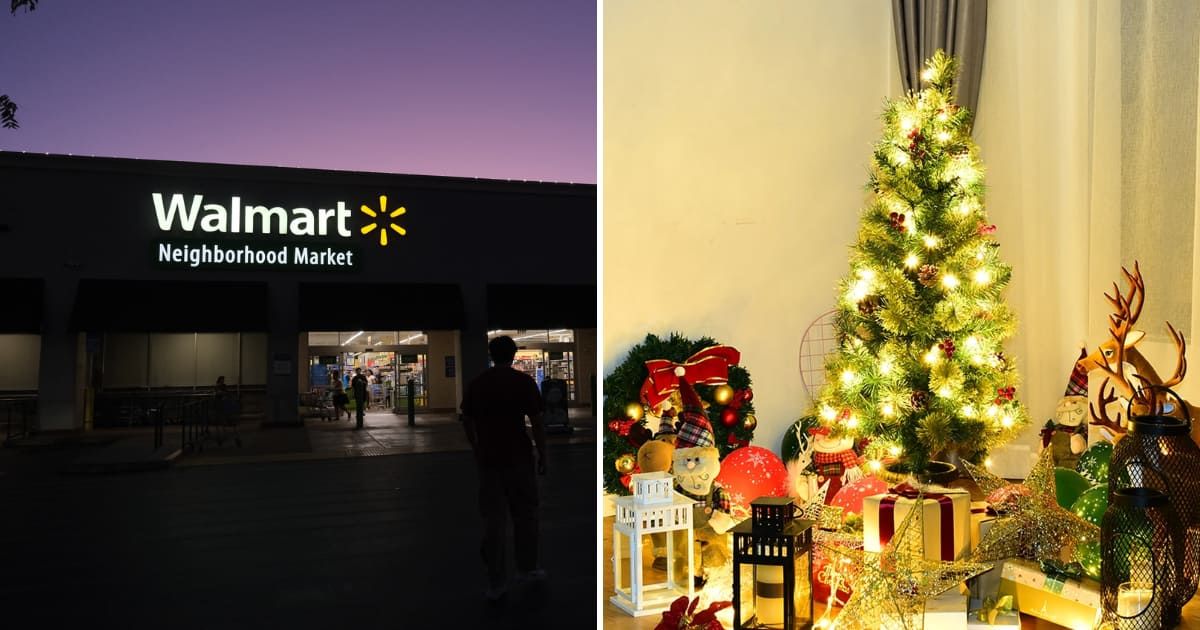 (L) Walmart store's sign glowing at night (Representative Cover Image Source: Getty Images | Slobo) | (R) Walmart offers exciting offers on Costway pre-lit christmas tree (Cover Image Source: Walmart)