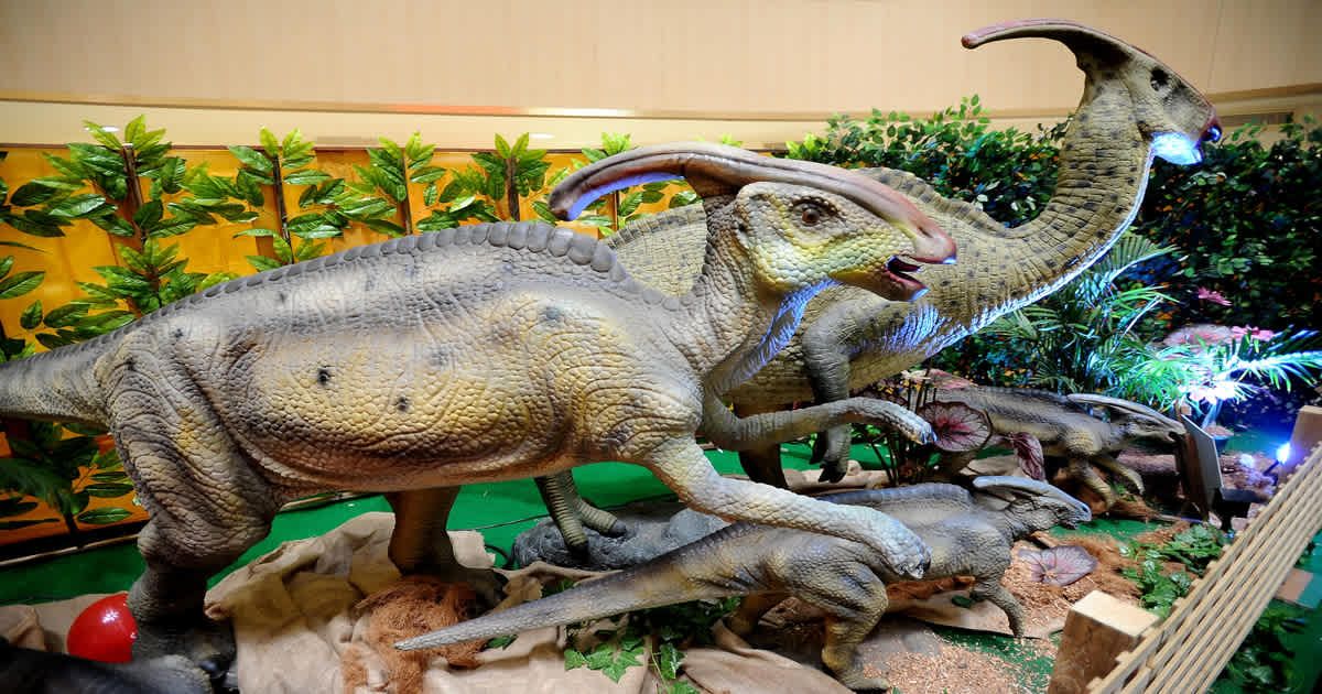 Parasaurolophus replicas are displayed in the Dinosaur Adventure and Learning Experience Park at Tunjungan Plaza (Cover Image Source: Getty Images | Robertus Pudyanto)