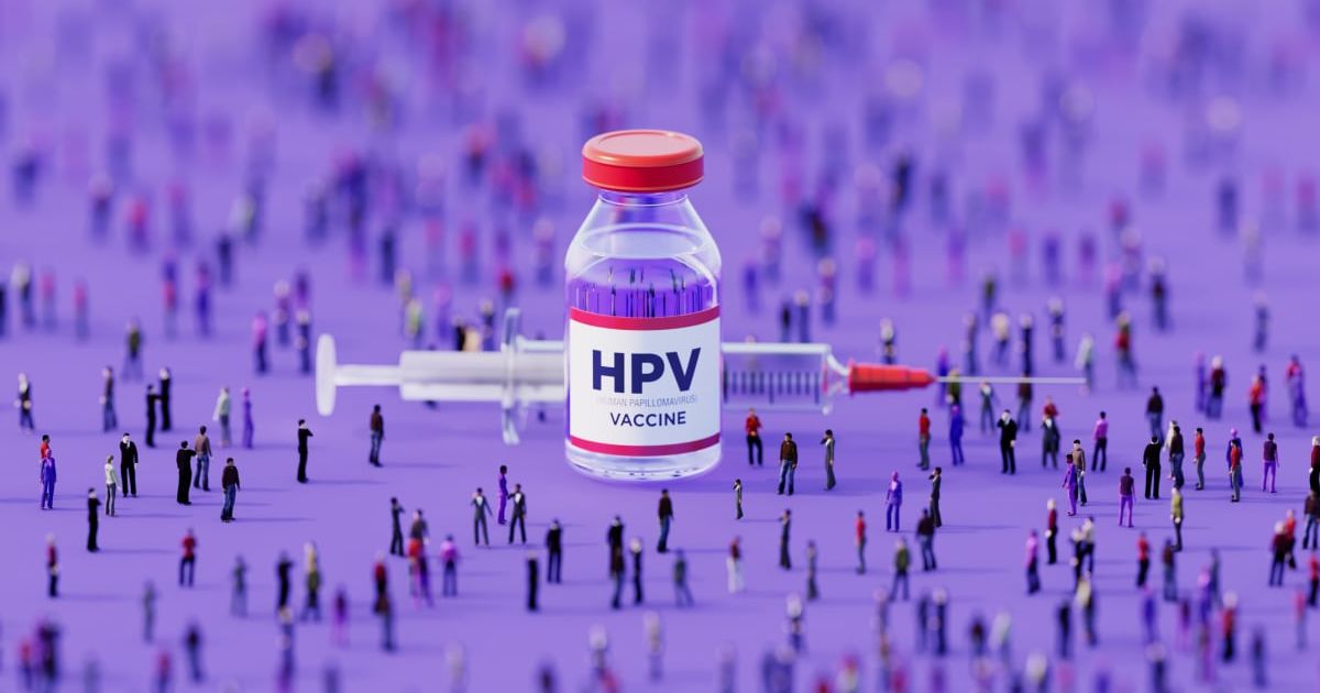 Human crowd surrounding an injectable HPV vaccine bottle on purple background (Representative Cover Image Source: Getty Images | MicroStockHub)