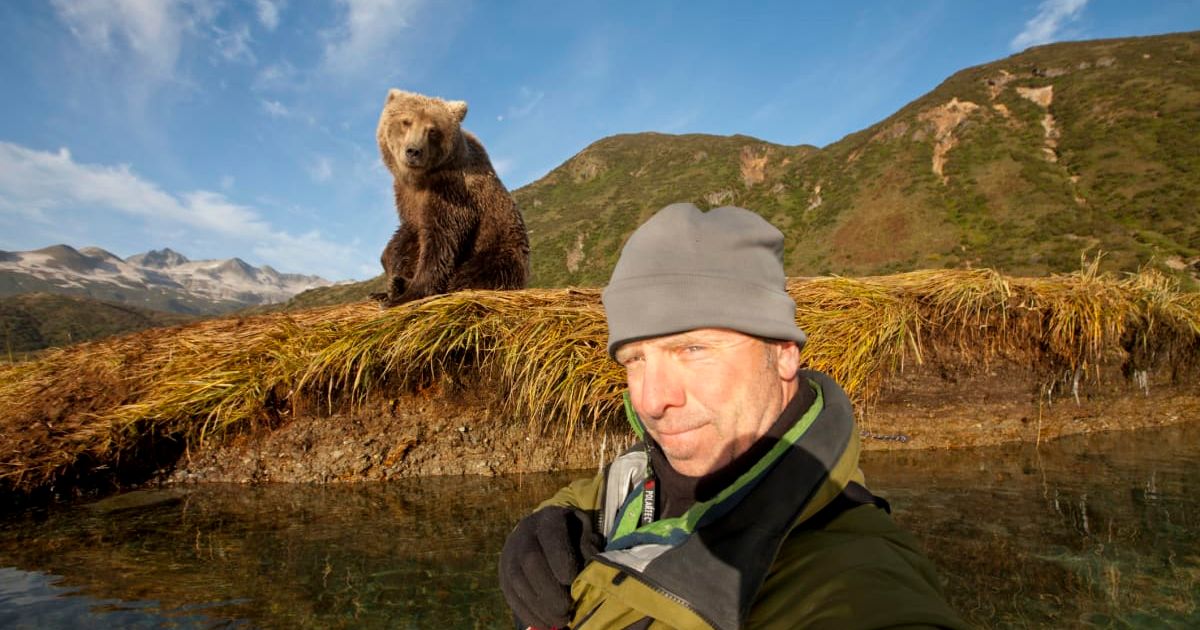 Self-portrait of a photographer standing near a young grizzly bear on an autumn morning along Kinak Bay (Representative Image Source: Getty Images | Paul Souders)