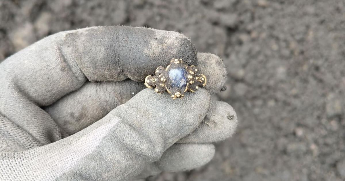 Norwegian archaeologist found a gold sapphire ring entombed seven centimetres deep into the soil (Cover Image Source: Facebook | Norwegian Institute for Cultural Heritage Research)