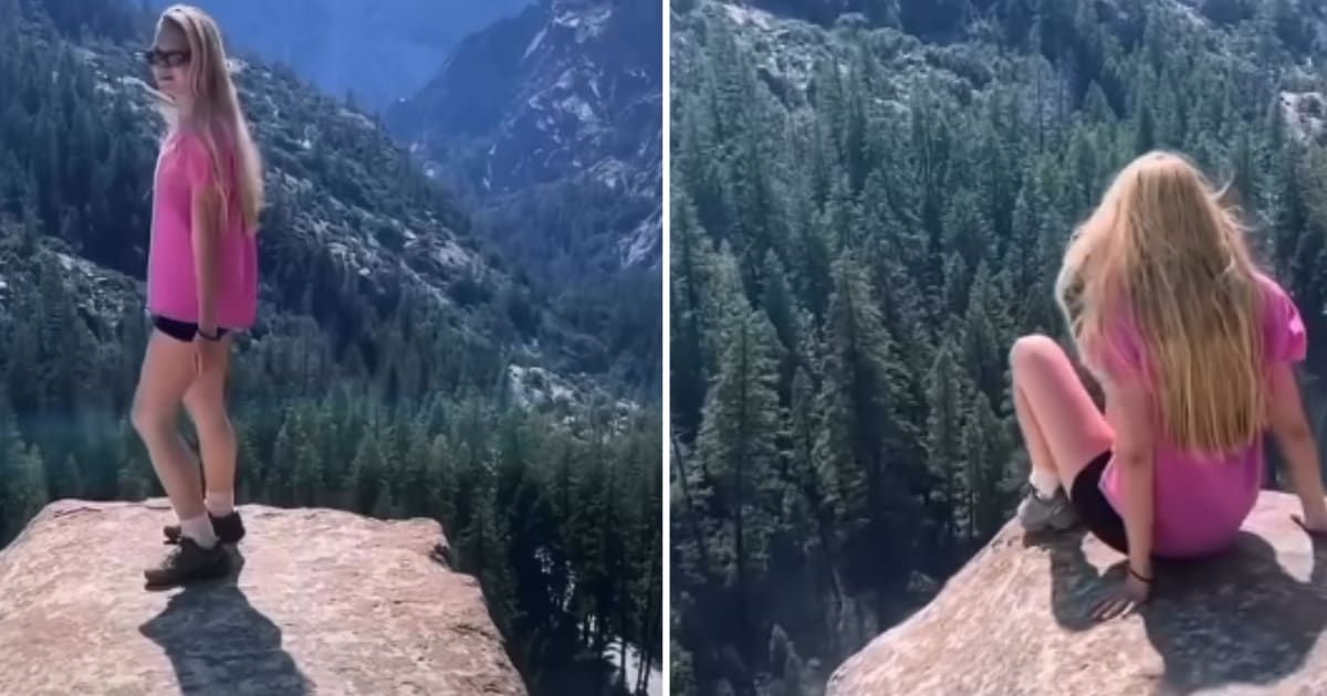 Woman in Yosemite crosses the railing encircling the clifftop of Nevada Falls (Cover Image Source: Instagram | @touronsofnationalparks)