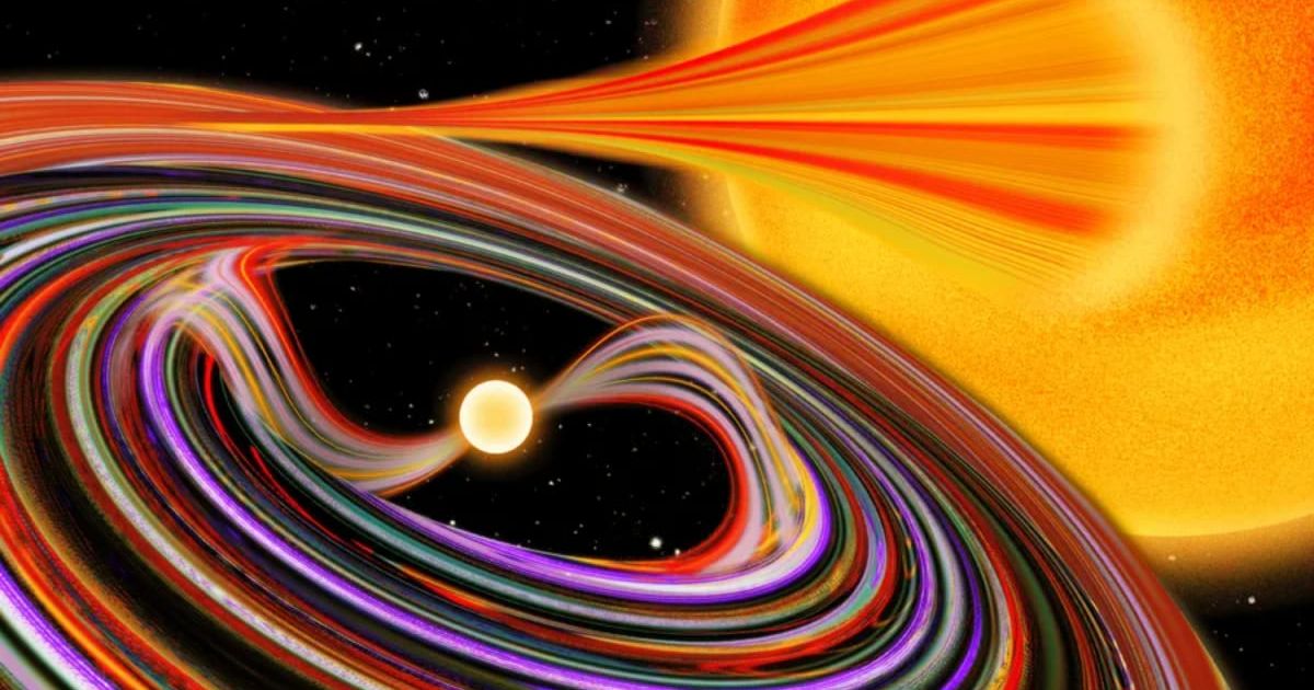 This artist’s concept depicts a smaller white dwarf star pulling material from a larger star (R) into an accretion disk. (Cover Image Source: MIT | Jose-Luis Olivares)