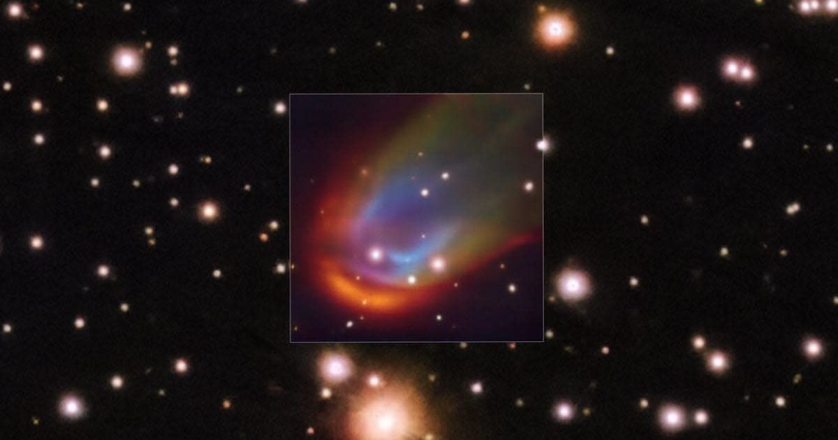 The central square image, taken with the MUSE instrument on ESO’s Very Large Telescope, shows shock waves around the dead star RXJ0528+2838. (Cover Image Source: ESO/K. Iłkiewicz and S. Scaringi et al. Background: PanSTARRS)