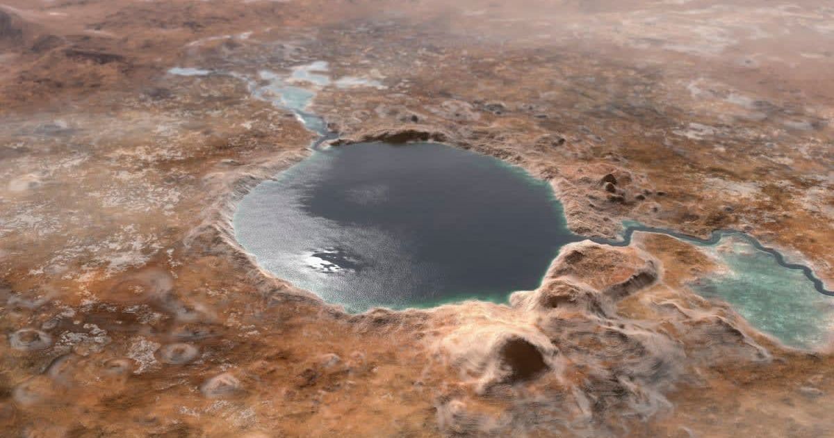 Illustration of Jezero Crater, the landing site of the Mars 2020 Perseverance rover, as it may have looked billions of years go on Mars, when it was a lake. (Representative Cover Image Source: Getty Images | Stocktrek Images)