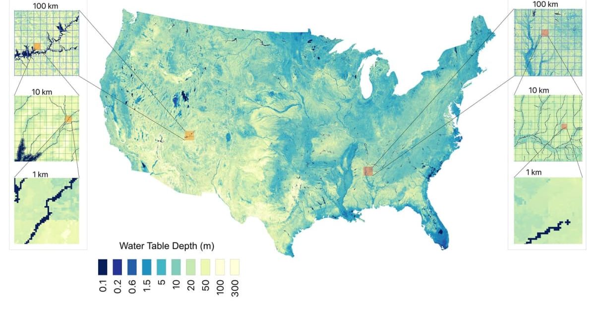 Combining direct measurements with artificial intelligence methods, a new map estimates groundwater depth across the contiguous United States at a resolution of around 98 feet. (Cover Image Source: Yueling Ma et al./Princeton University)
