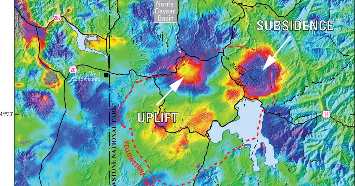 Interferogram created from satellite radar data collected on October 7, 2024, and October 2, 2025, over the Yellowstone region by the Sentinel-1 satellite system (Cover Image Source: USGS / Public Domain)