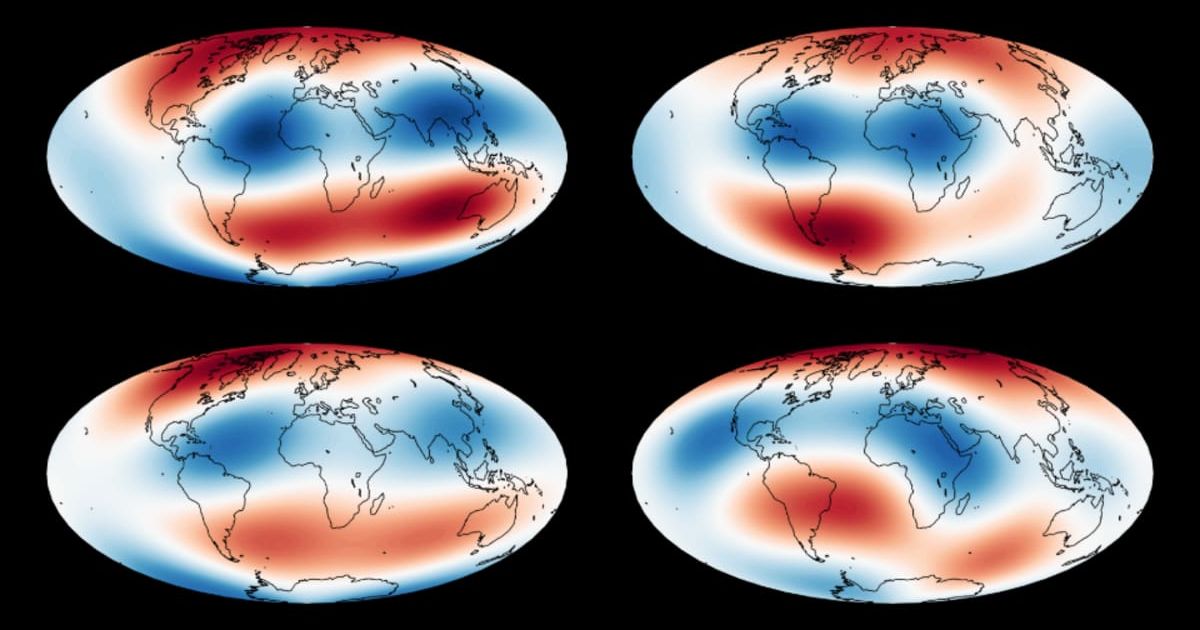 Simulated maps of Earth’s magnetic field (L) can only look like those of the real field (R) if Earth’s core is assumed to have hot blobs of rock sitting directly on top of it. (Cover Image Source: A. J. Biggin et al., 2026/University of Liverpool)