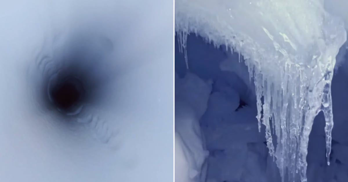 (L) Camera's view inside a borehole drilled into Thwaites Glacier; (R) Ice structures captured underneath. (Cover Image Source: YouTube | @British Antarctic Survey)