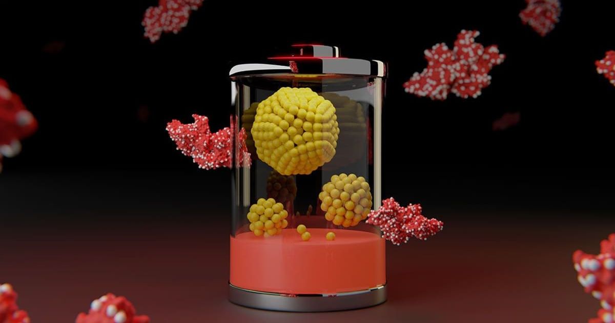 An illustration symbolizes new battery technology: Proteins (red) hold tiny clusters of metal (silver). The yellow structure represent single atom of nickel or iron. (Cover Image Source: Maher El-Kady | UCLA)
