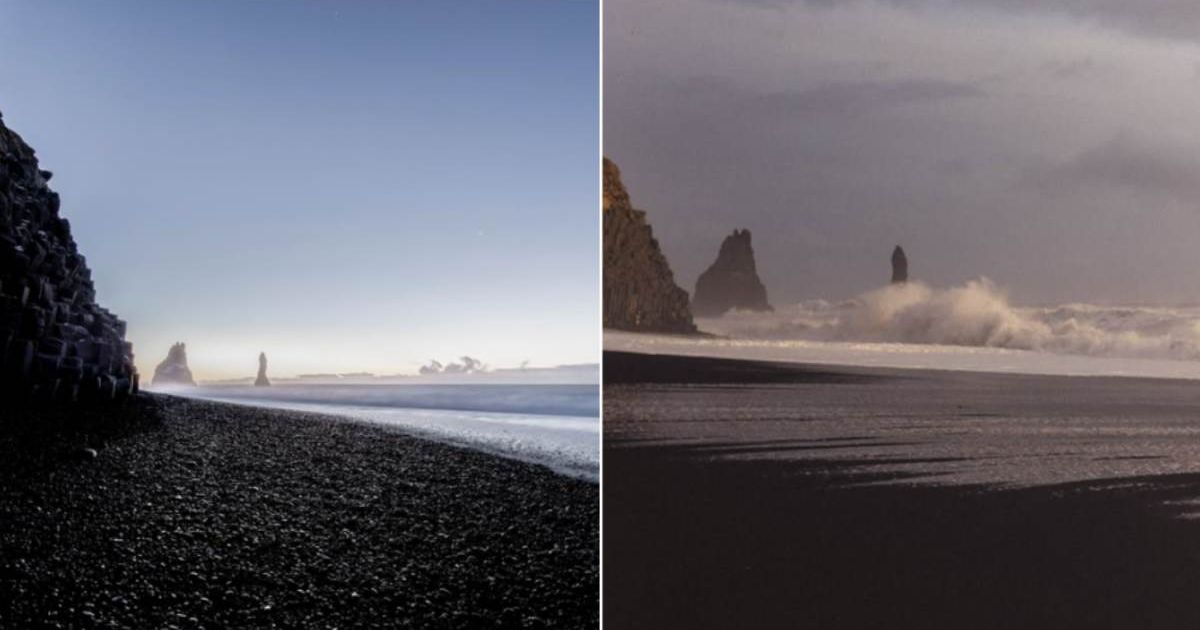 (L) Iceland's Black Beach before extensive coastal erosion; (R) The Black Beach after coastal erosion. (Cover Image Source: (L) Getty Images | ImageBroker - Christian Frumolt; (R) Instagram | @rebeccadouglasphotography) 