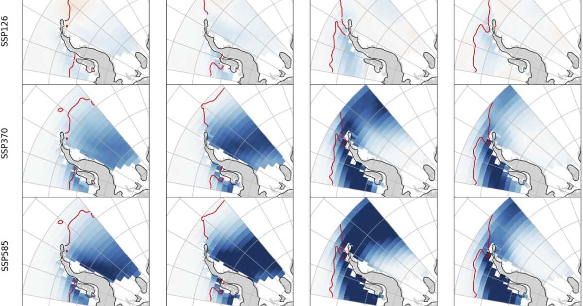 Differences in sea ice concentration for the Antarctic Peninsula, comparing the years 2020–2029 and 2090–2099 CE under three different SSPs. Sea ice margin in the year 2024 is shown (red line). (Cover Image Source: Frontiers in Environmental Science)