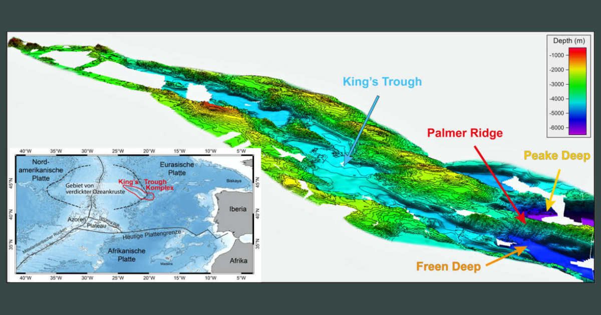 Bathymetric map of the King’s Trough complex with associated deep basins at its eastern end (Peake and Freen Deeps) based on new bathymetric data combined from GEOMAR cruise M168 and Portuguese cruise EMEPC/PEPC/LUSO/2013 (Image Source: GEOMAR)