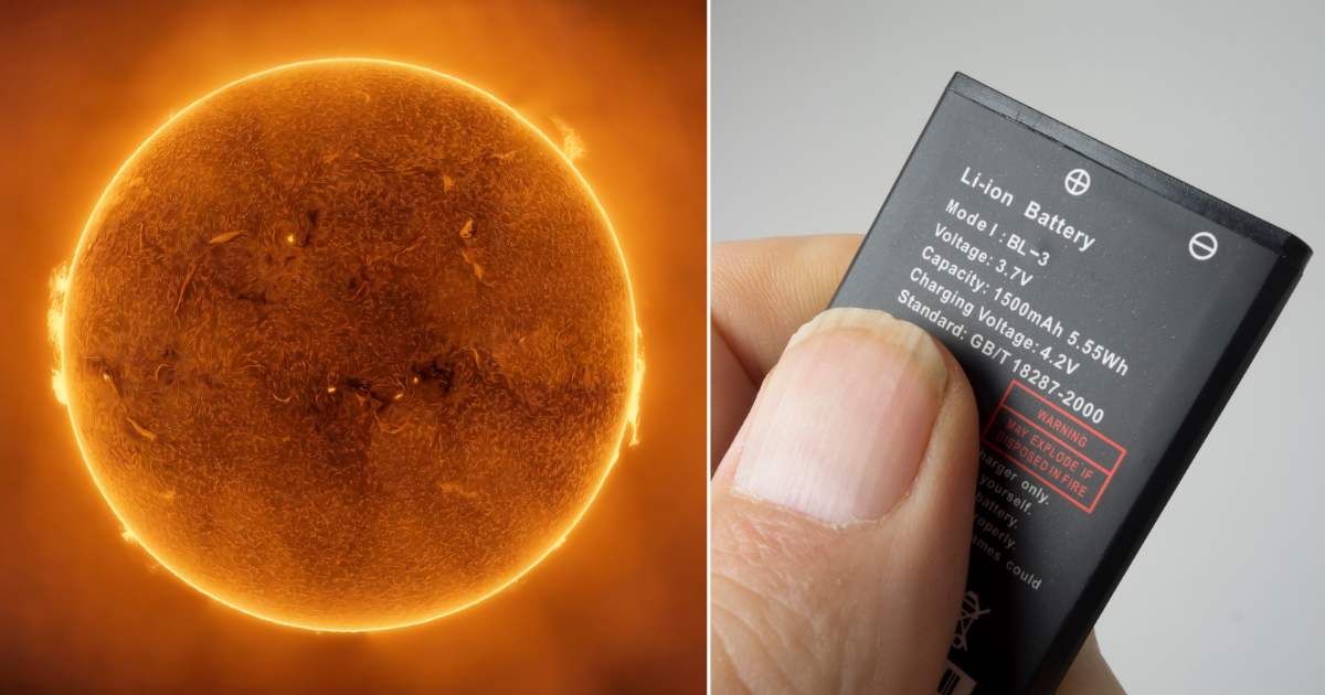 (L) Sun emitting solar flares; (R) Lithium ion battery (Cover Image Source: Getty Images | (L) Javier Zayas Photography; (R) Kypros)