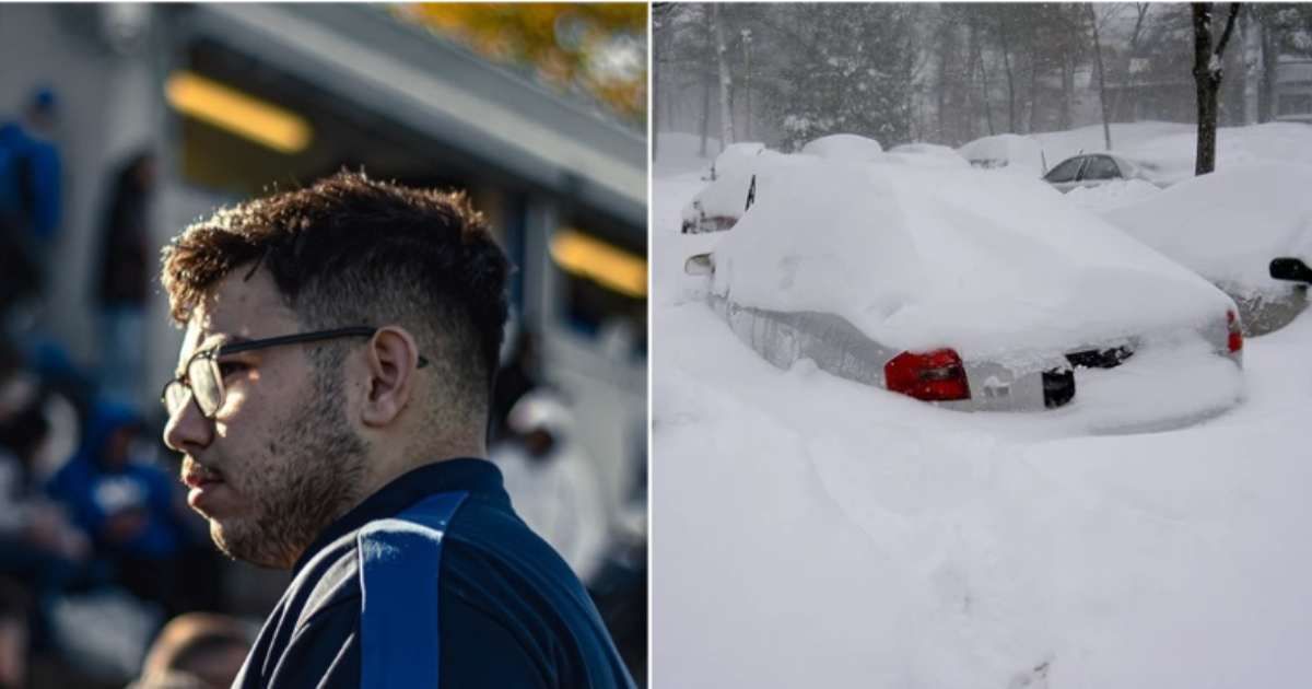 (L) 21-year-old student, Joseph Boutros; (R) Car covered in snow during a blizzard (Cover Image Source: (L) Instagram | @salvereginafootball; (R) Wikimedia Commons | V4711 | Creative Commons Attribution-Share Alike 3.0 Unported)