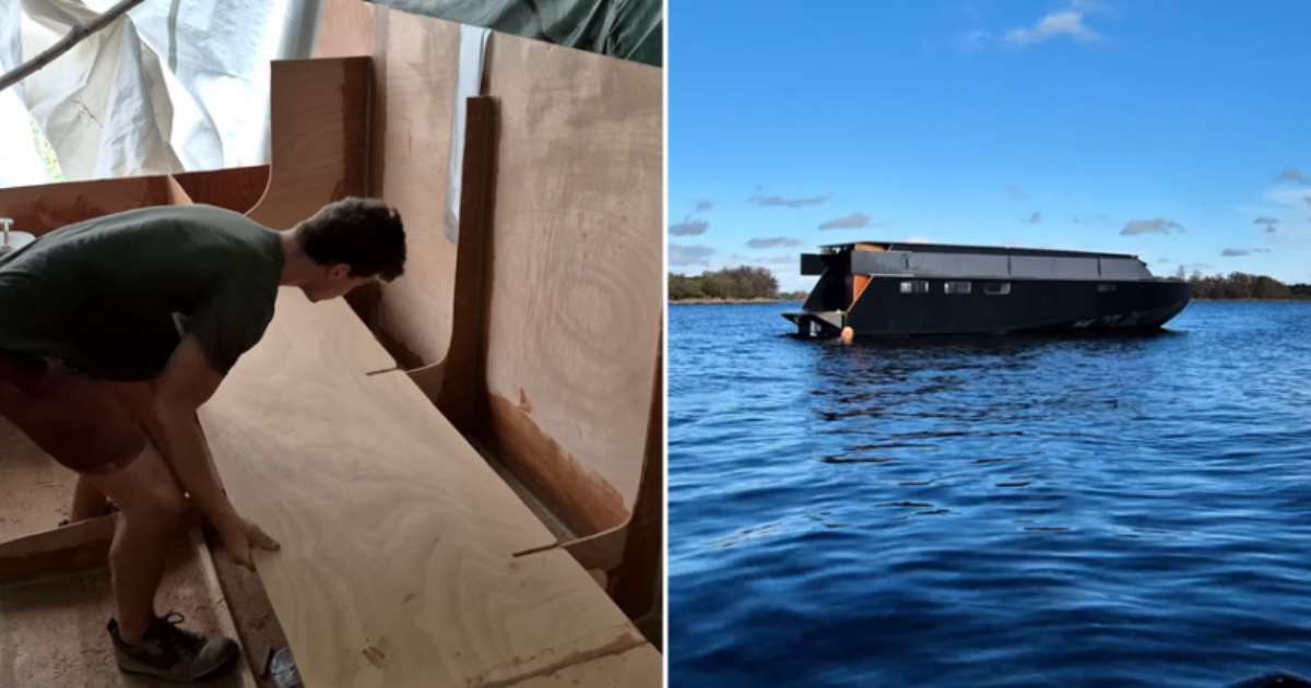 (L) Man who spent 200 days building a solar-powered yacht; (R) Solar-powered explorer yacht Helios 11 on water (Cover Image Source: YouTube | @True North Yachts)