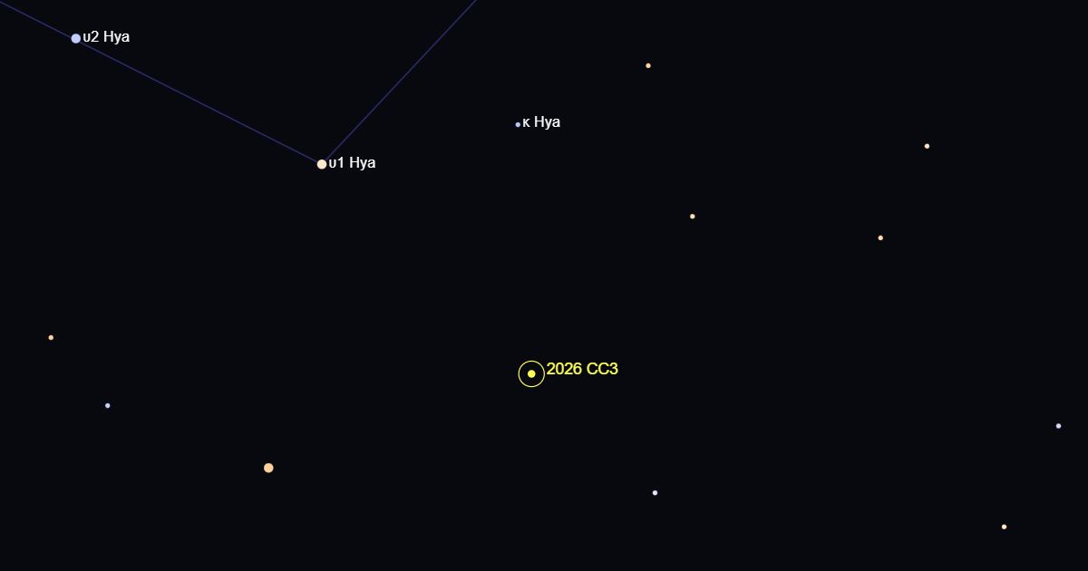 Star map showing the position of NEO Asteroid 2026 CC3 in the constellation of Hydra (Cover Image Source: The Sky Live)